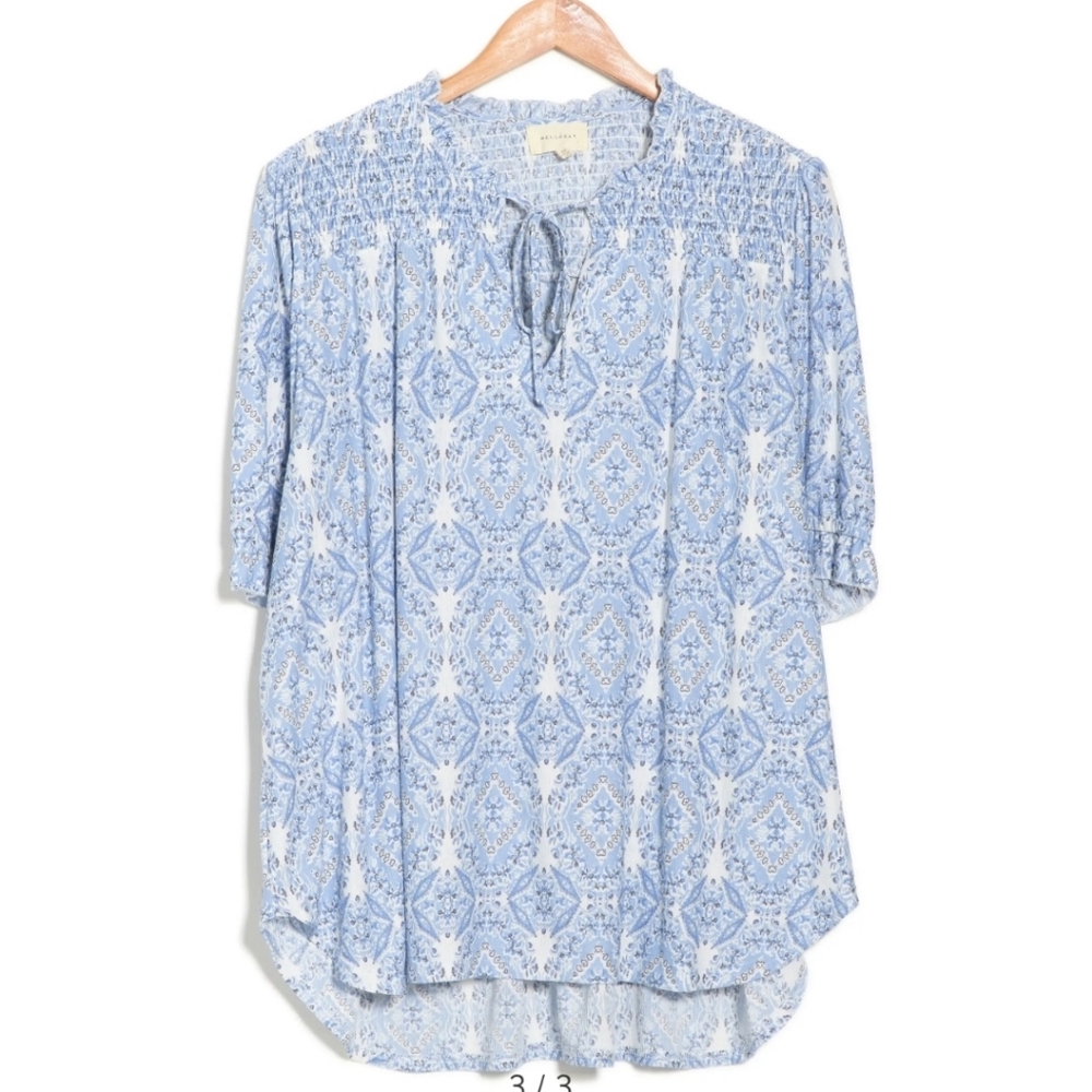 MELLODAY smoked yoke top tie neck blue white Large NEW NWT Nordstrom Rack